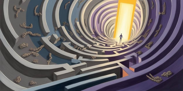 A maze viewed from above, where the path is filled with obstacles, but a figure is walking toward an illuminated exit in warm colors. This symbolizes making strategic decisions to “get out of the hole” and grow with purpose.