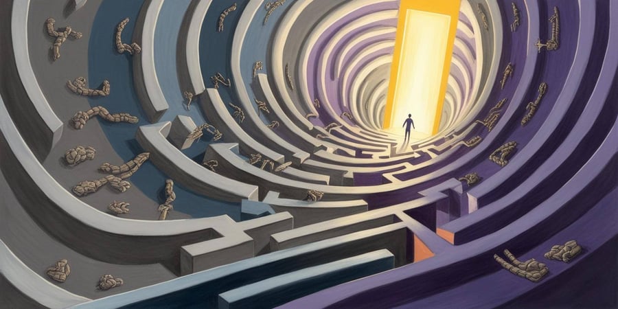A maze viewed from above, where the path is filled with obstacles, but a figure is walking toward an illuminated exit in warm colors. This symbolizes making strategic decisions to “get out of the hole” and grow with purpose.